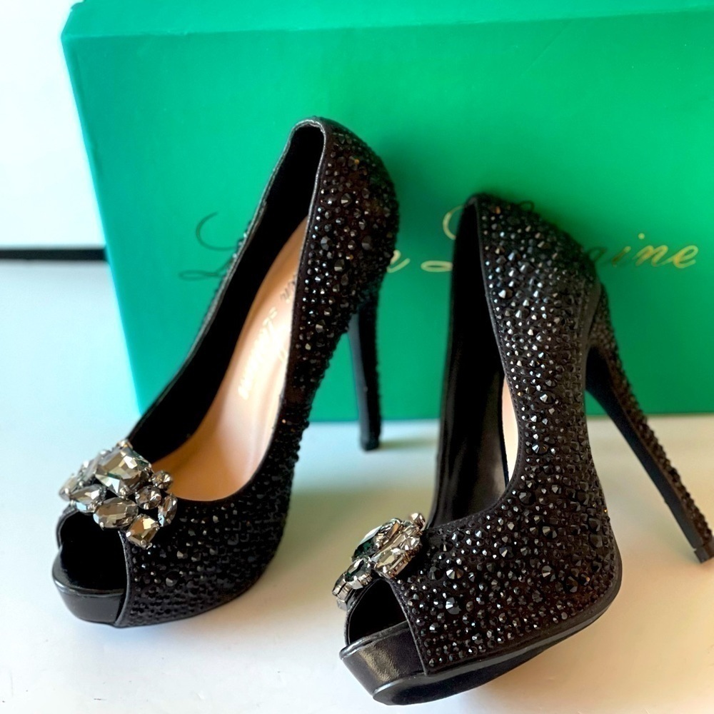 Lauren Lorraine Black Crystal Rhinestone Heels Stiletto Formal Dress Prom, Sz 6